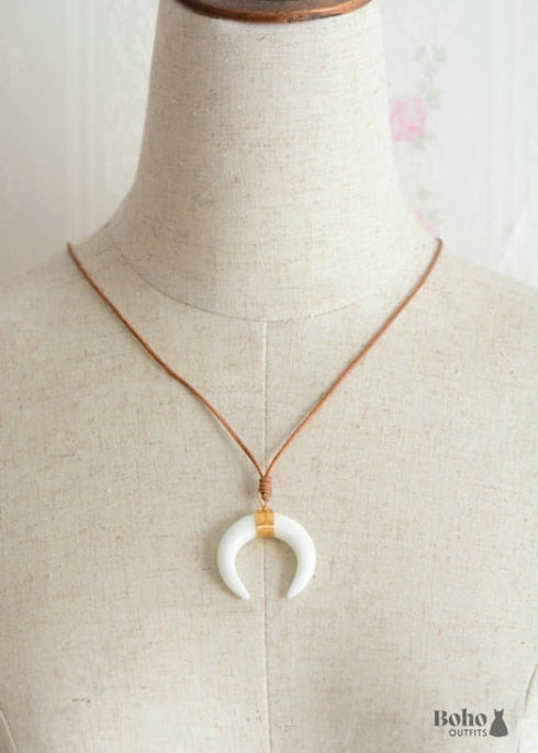 Boho Necklace, Ox Horn, Shell White and Black Onyx Crescent
